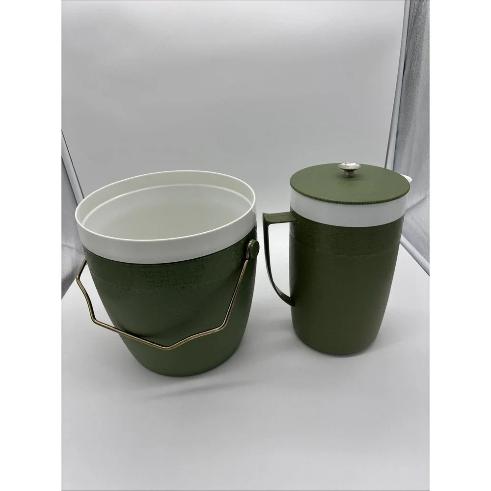 Mid Century Modern Therm O Ware Avocado Green Matching Pitcher And Ice Bucket
